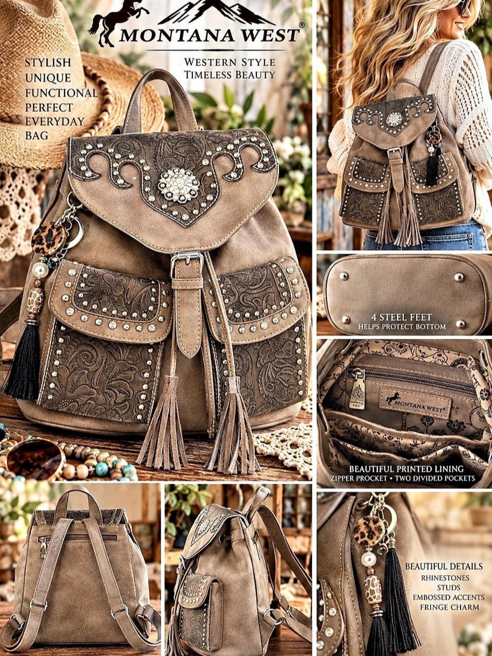 Montana West Western Floral Tooled Backpack Brown Rhinestones & Studs